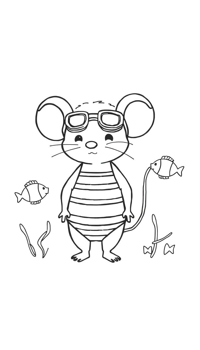 Dessin au trait d'une souris de dessin animé souriante avec des lunettes de natation sur la tête et un maillot de bain rayé, nageant parmi des poissons stylisés et des algues.