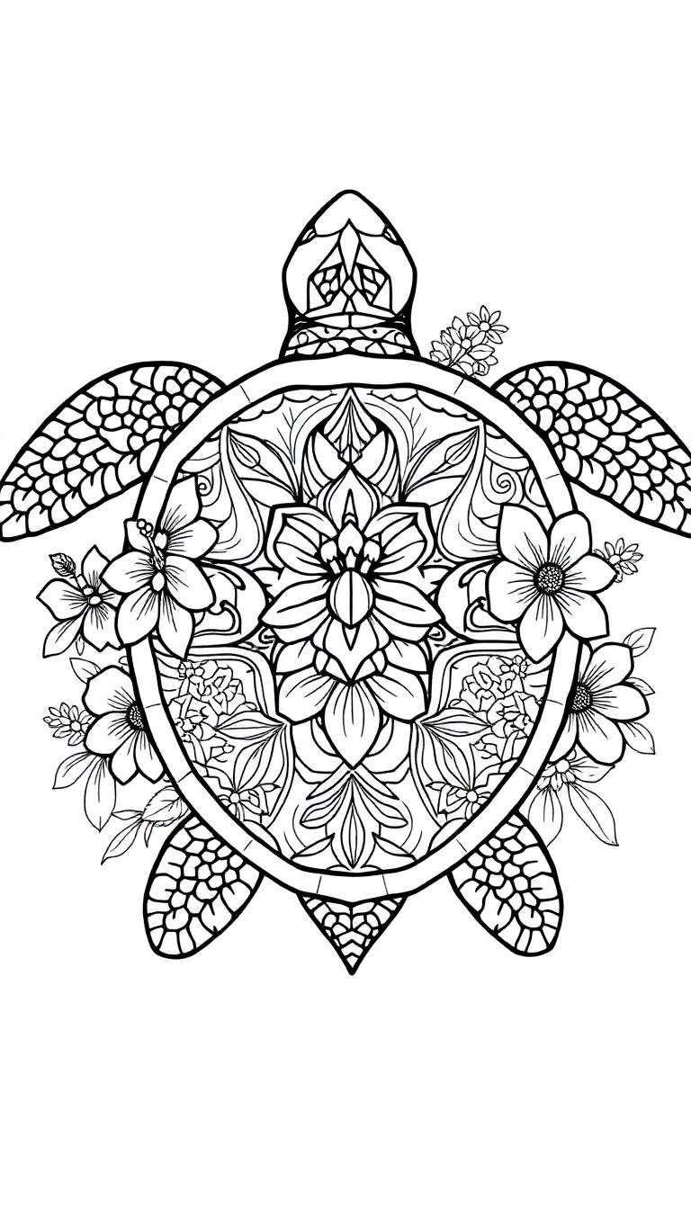 Dessin au trait noir et blanc d'une tortue marine vue de dessus, avec une carapace ornée d'un mandala complexe et de motifs floraux. Les nageoires et la tête sont également stylisées.