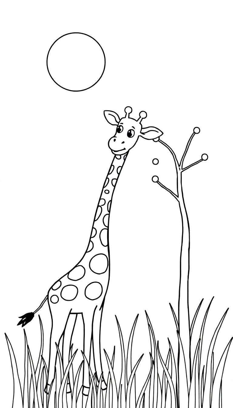 Dessin au trait noir et blanc pour coloriage d'une girafe avec de longs cercles pour les taches, un sourire, regardant vers la gauche, entourée d'herbe, d'un arbre stylisé avec des cercles sur ses branches et d'un grand cercle vide en haut à gauche.