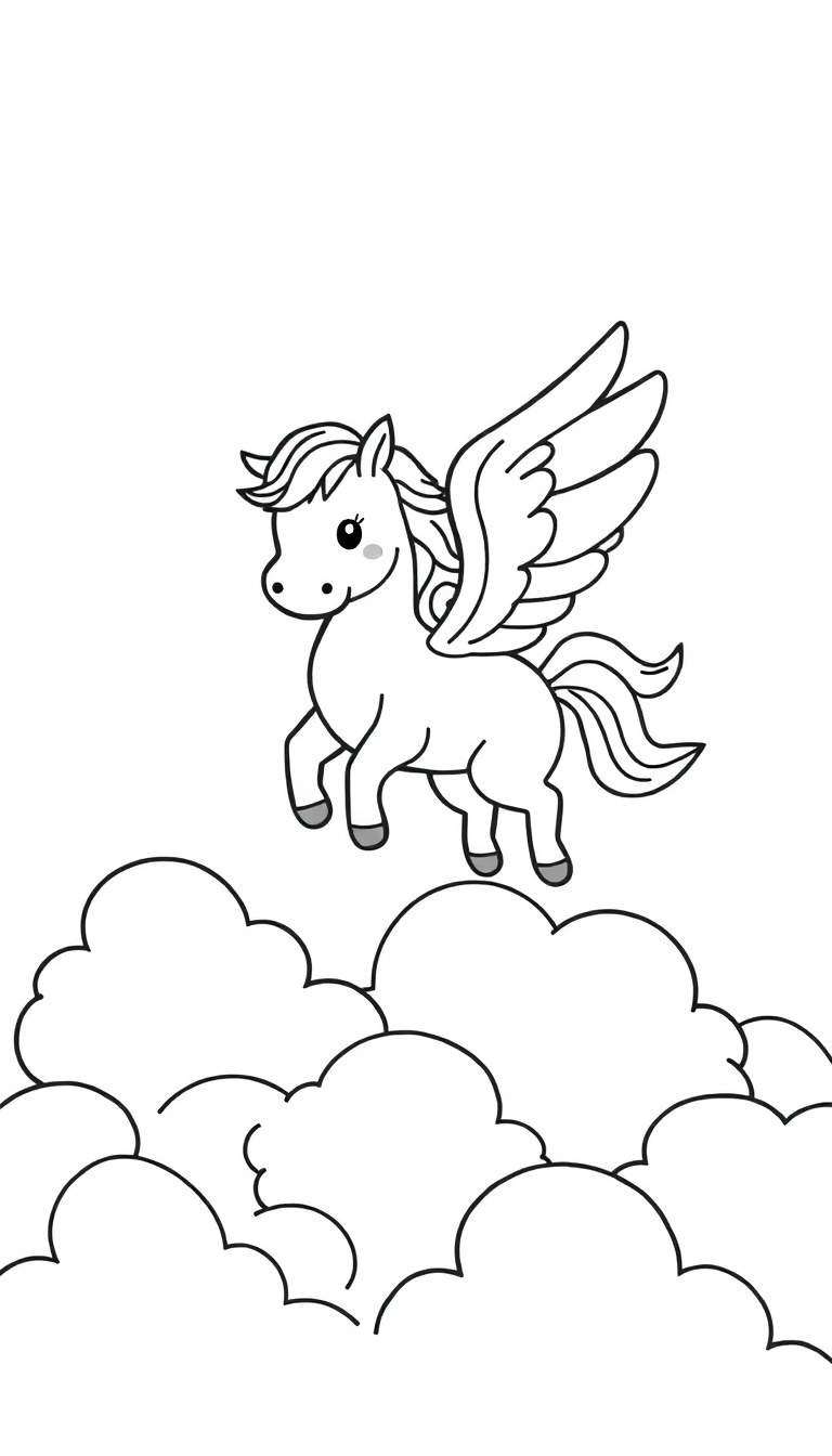 Dessin au trait noir et blanc d'un Pégase mignon avec de grandes ailes, des yeux brillants et des joues rosées, volant au-dessus de nuages moelleux. Idéal pour le coloriage des enfants.