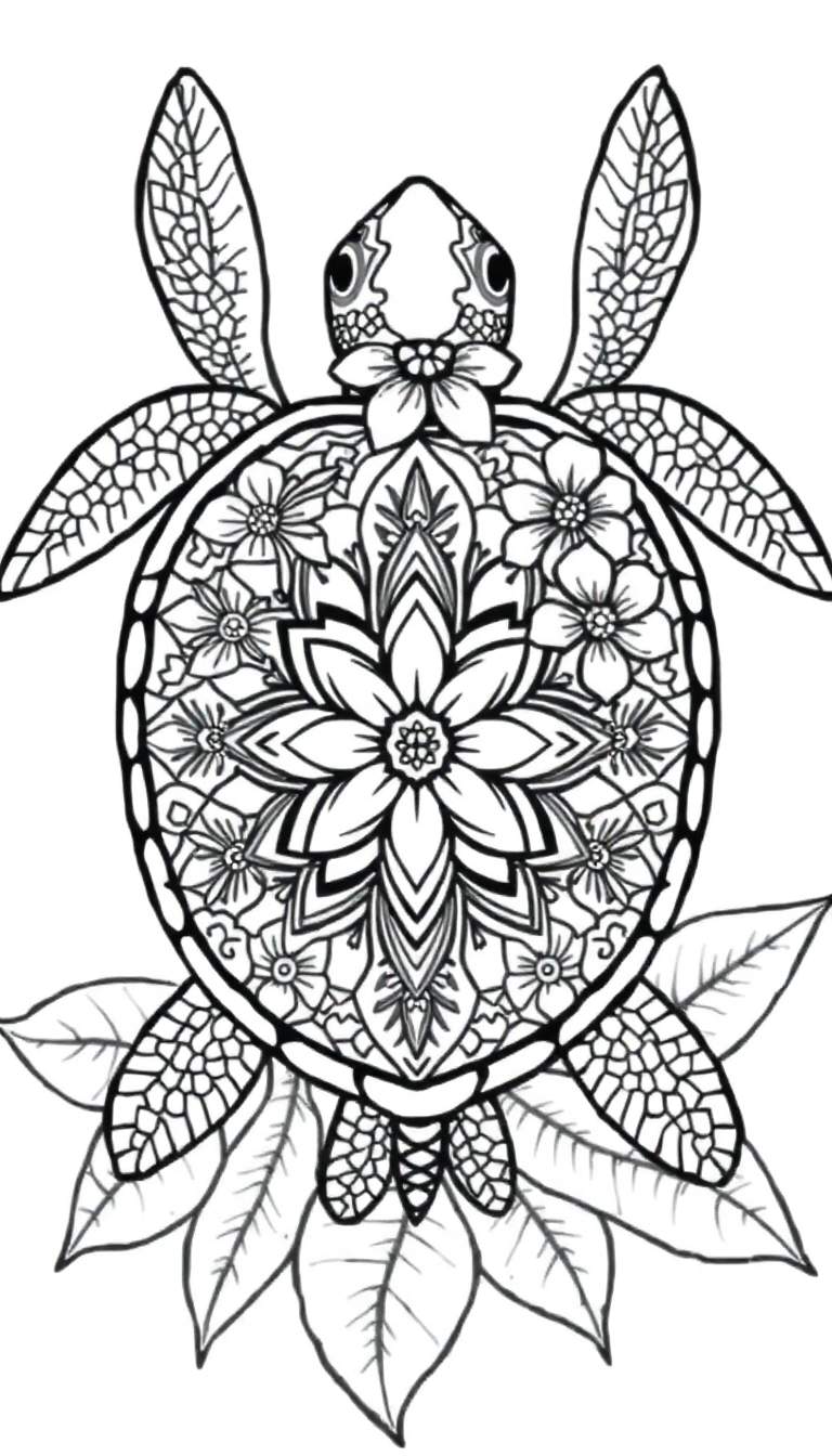 Dessin en noir et blanc d'une tortue marine ornée de motifs floraux et géométriques rappelant un mandala, vue de dessus, avec ses nageoires déployées reposant sur des feuilles stylisées.