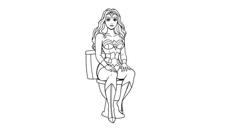 Dessin au trait noir et blanc d'une femme dans le costume de Wonder Woman assise sur des toilettes.