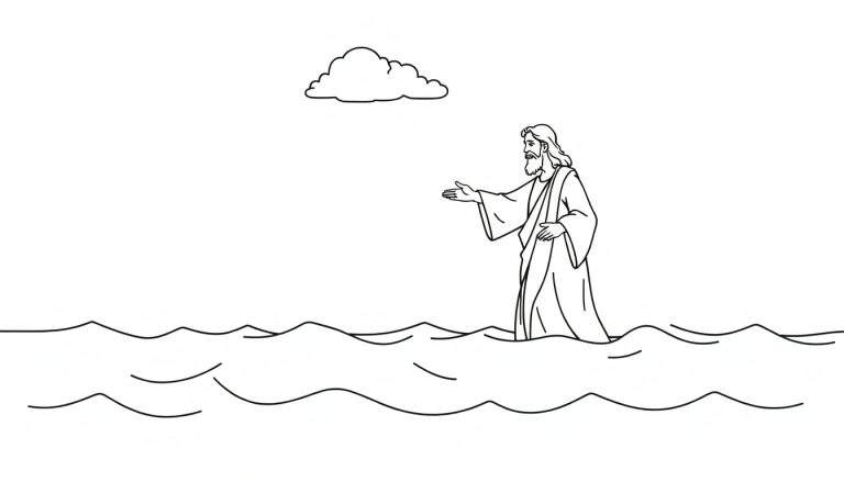 Dessin au trait noir et blanc d'une page à colorier montrant Jésus marchant sur l'eau, tendant la main avec un nuage en arrière-plan.