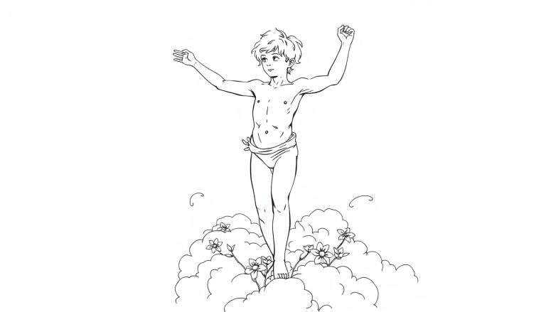 Dessin au trait pour page à colorier d'un jeune garçon éthéré debout sur des nuages fleuris, bras en croix, expression sereine.