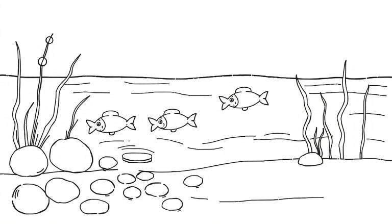 Dessin au trait noir et blanc d'une scène sous-marine pour coloriage, montrant trois poissons stylisés nageant parmi des plantes aquatiques ondulantes, des rochers et des galets.