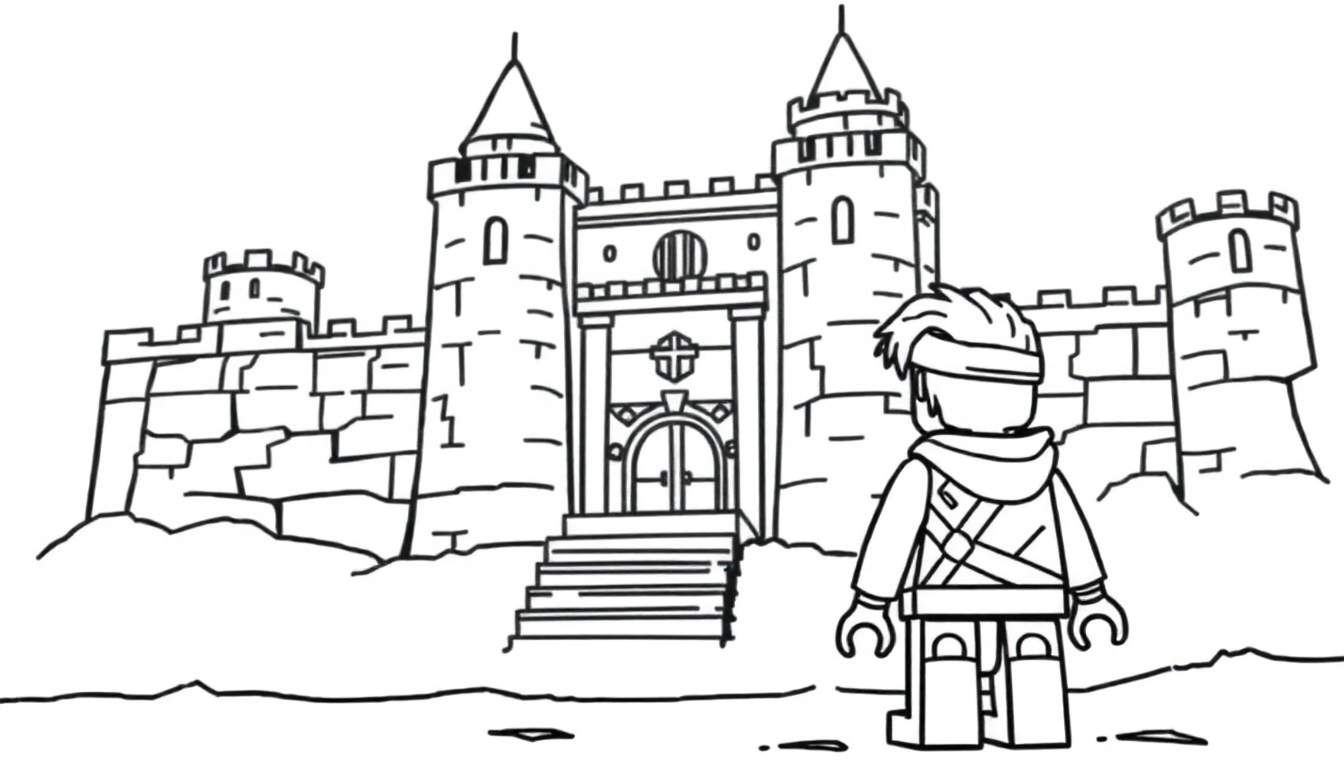 Page à colorier d'un personnage LEGO avec une capuche tenant une épée devant un grand château médiéval avec des tours pointues et une double porte.